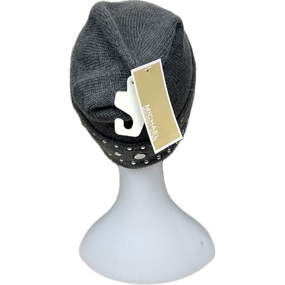 Michael Kors Gray Logo Metal Studded Acrylic Sweater Cuff Beanie Hat- One Size
